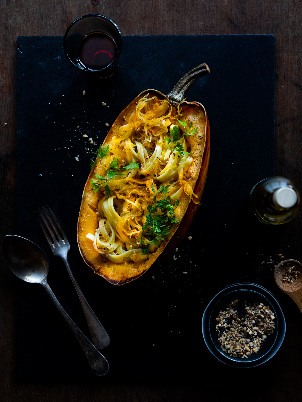 Spaghetti Squash with Truffled Pasta after a Winter’s Walk